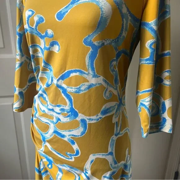J McLaughlin Dress Small Multicolor 3/4 Sleeve Gold Yellow Blue Geometric Sz M - Picture 2 of 5